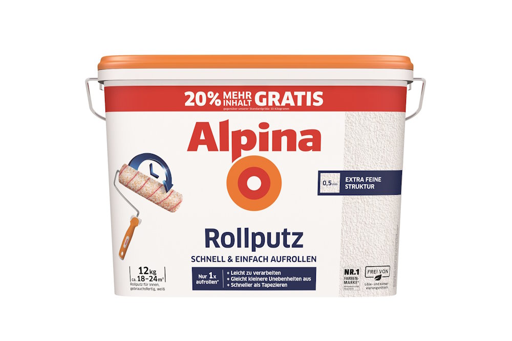 Ein Eimer weißer Rollputz mit einem Abroller.